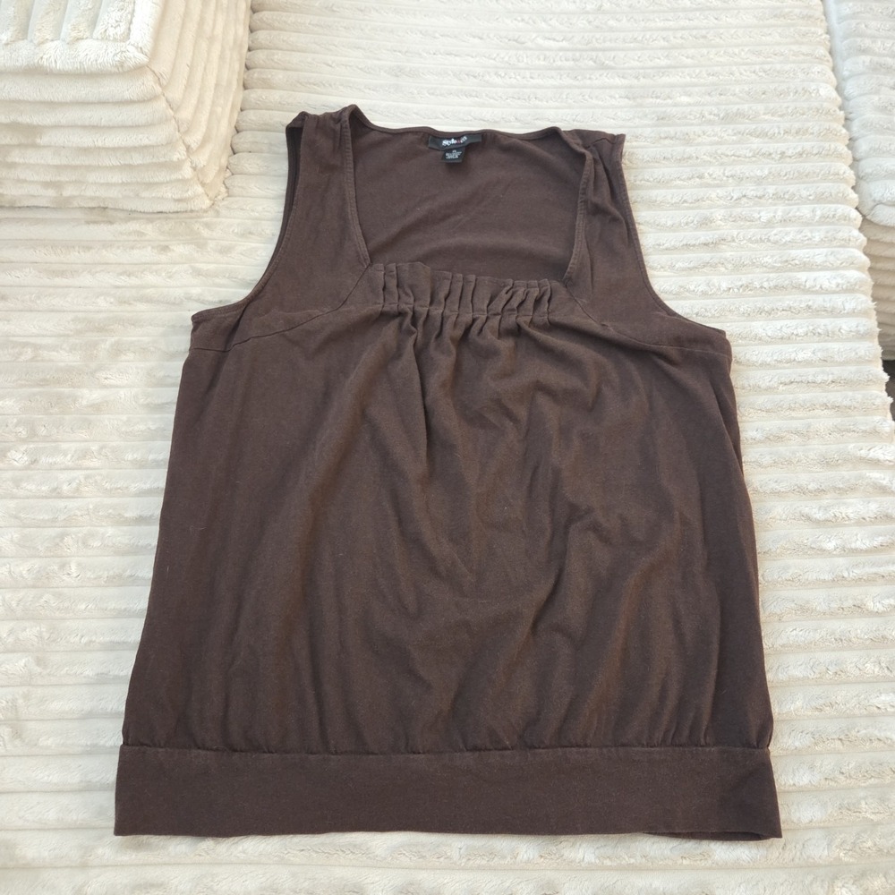 Style & Co Brown Sleeveless Tank Top Pleated Square Neck Banded Hem Sz XL Cotton